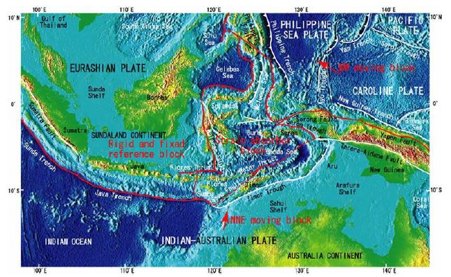 Tectonic of Indonesia and surrounding area showing major faults lineament. Note the major fault zone (red line) crossing Sulawesi Island